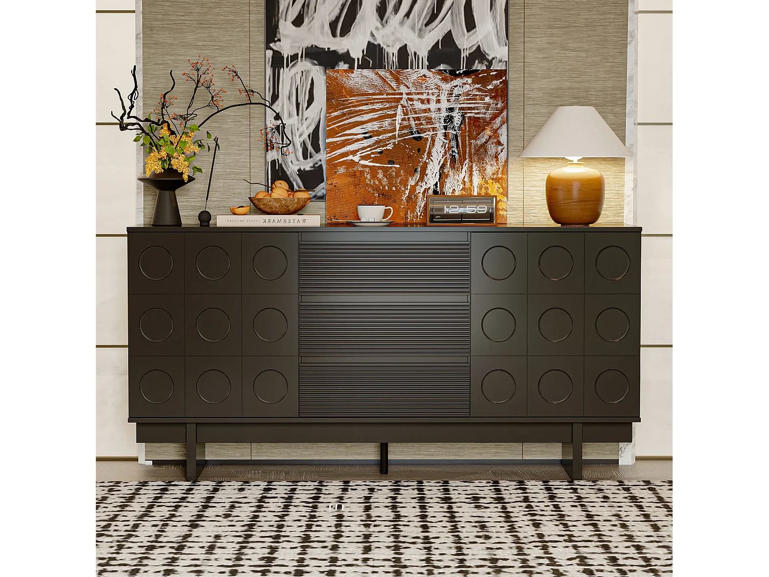 Buffet de Salon avec 2 Portes et 3 Tiroirs, Meuble de Salon Sculpté avec Etagères Réglables, 160x40x80, Noir
