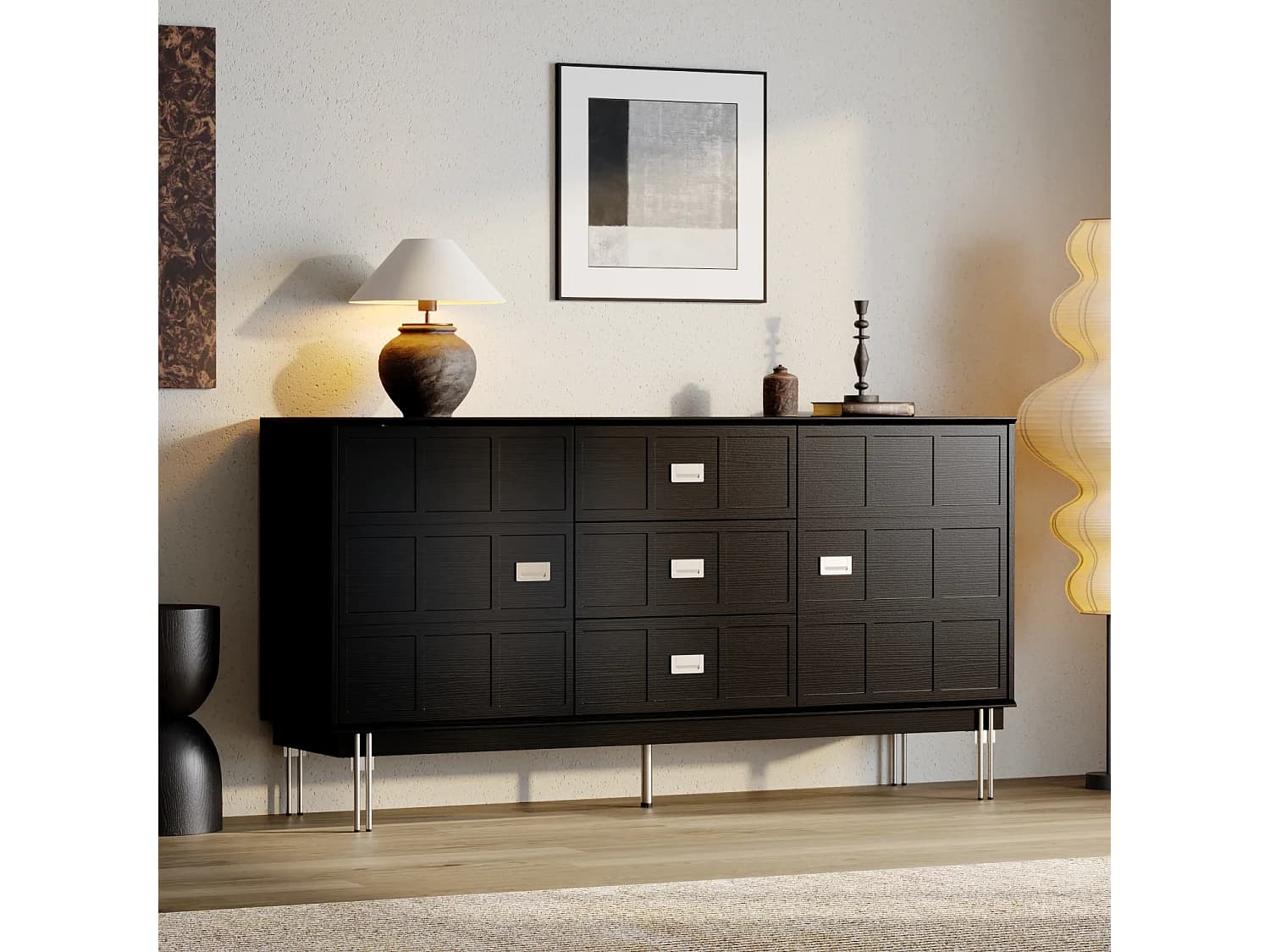 Buffet de Salon avec 2 Portes et 3 Tiroirs, Meuble de Salon avec Pied Argenté et Etagères Réglables, 160x40x83, Noir