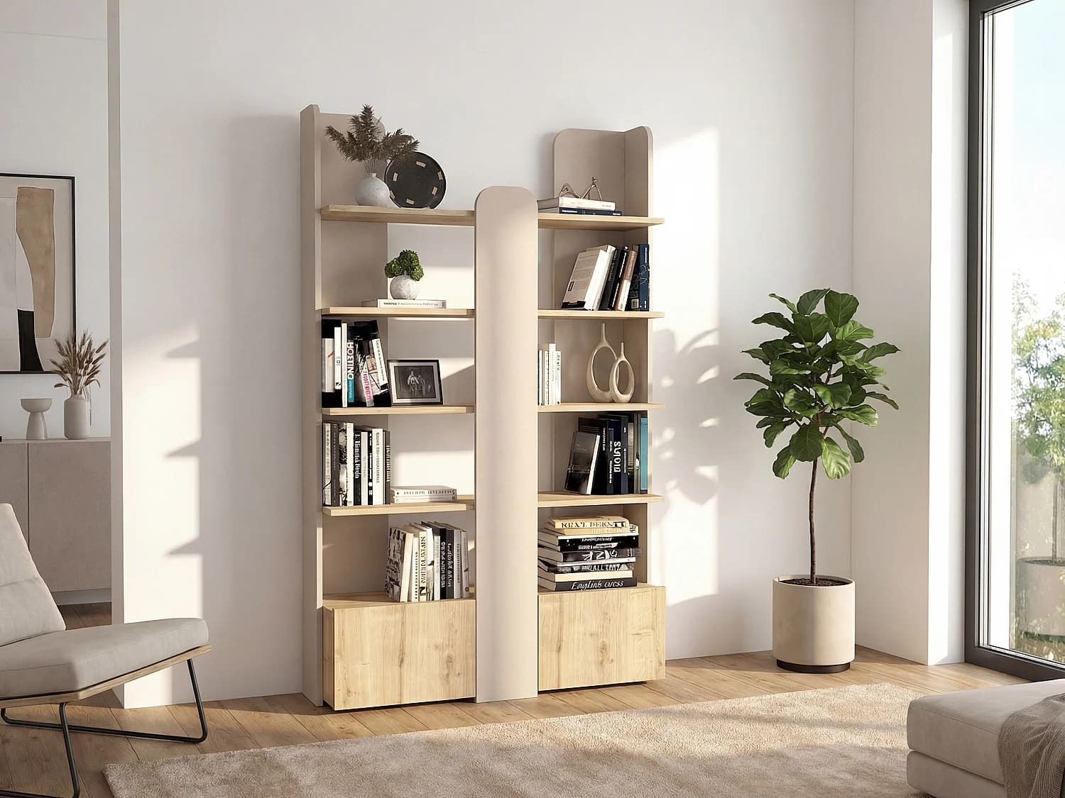 Bibliothèque avec 2 portes et 4 étagères - Beige et naturel - SARIOBA