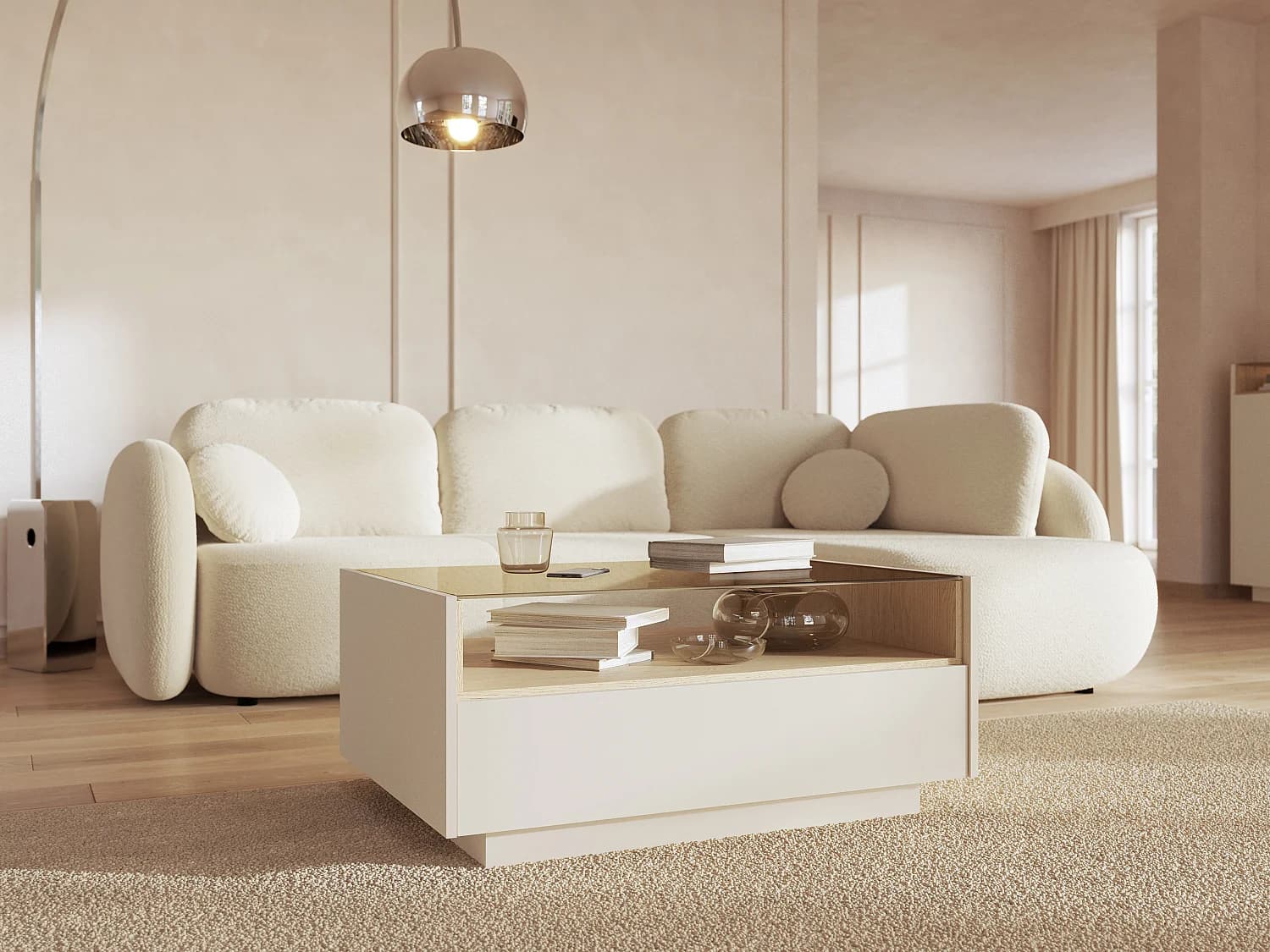 Table basse avec 2 tiroirs et 1 niche - Beige et naturel clair - ALIVENTO