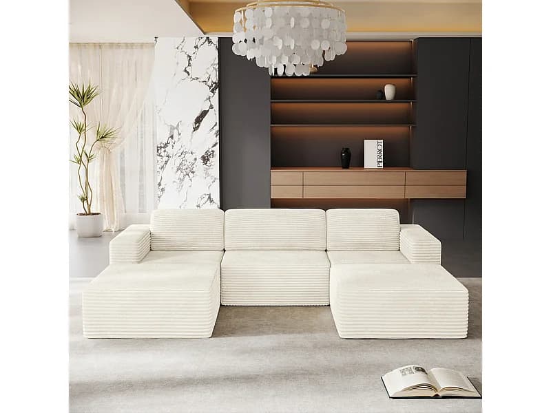 Canapé 3 places d'angle modulable en Velours Côtelé, avec 2 pouf et 3 coussins, 303x202x82cm, Beige