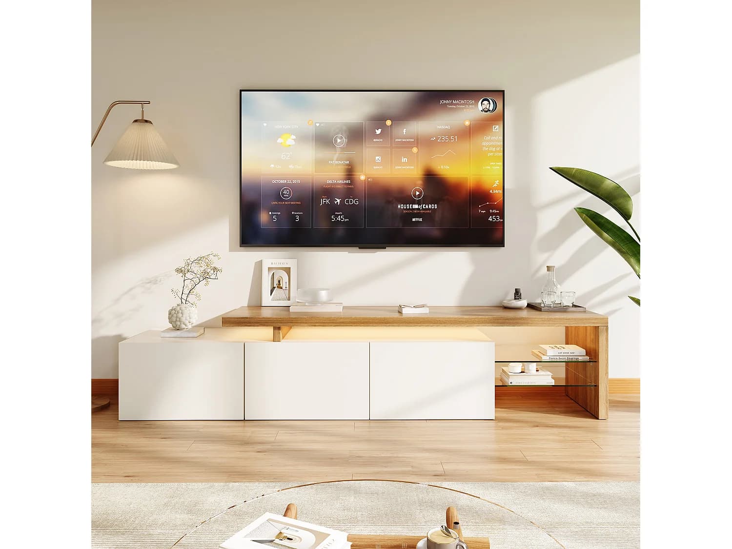 Meuble TV avec éclairage LED, meuble bas, buffet avec étagère en verre, blanc, 200 x 39 x 42 cm