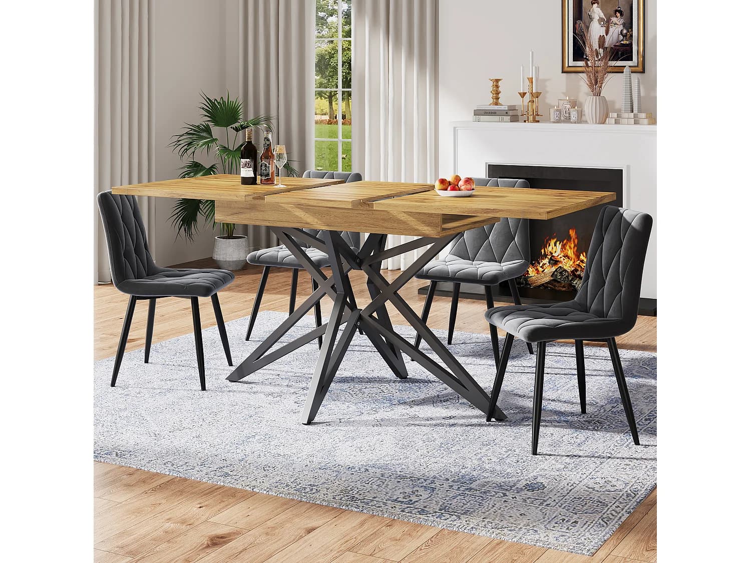 Table à manger extensible 120-160x80x66 cm,6 à 8 personnes, motif noyer, MDF et fer, noir et couleur noyer