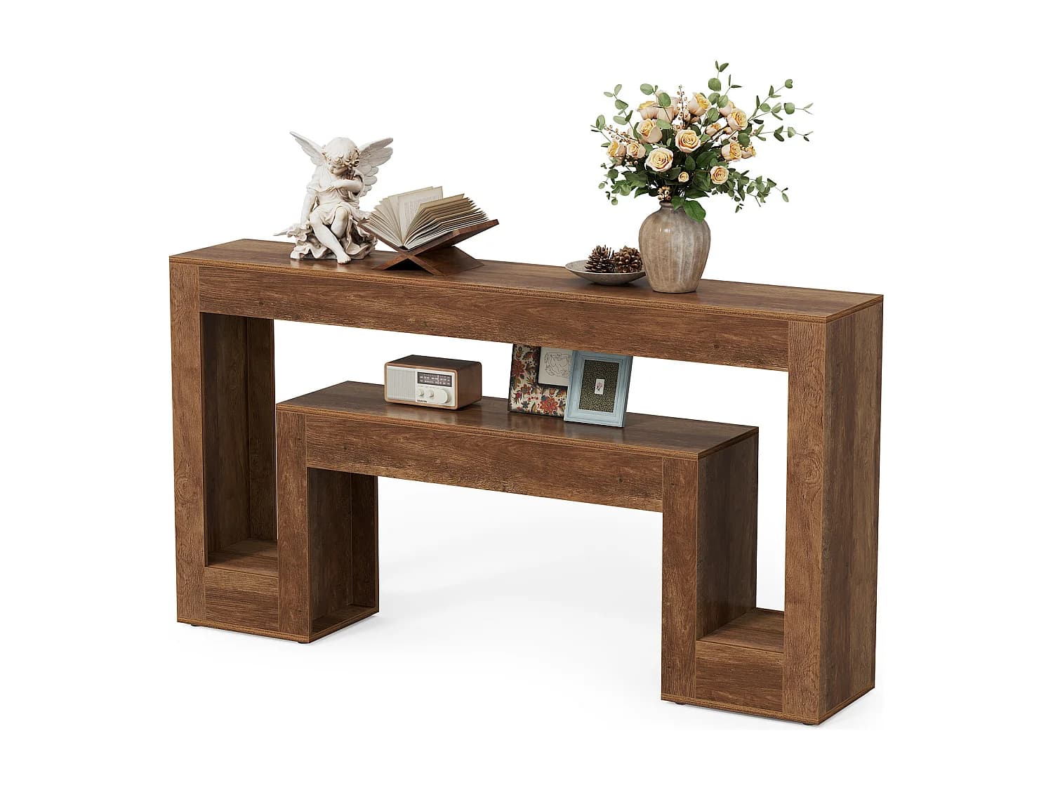 Console longue avec étagère à 2 niveaux, table basse de style campagnard en bois à placer derrière le canapé