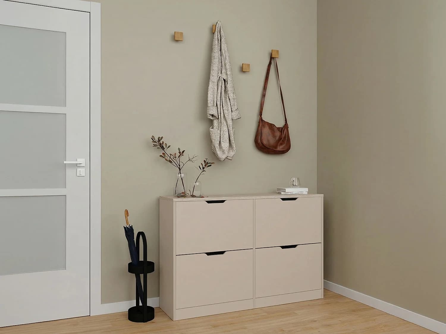 Meuble à chaussures avec 4 compartiments abattants - Beige et effet travertin - LOTULA