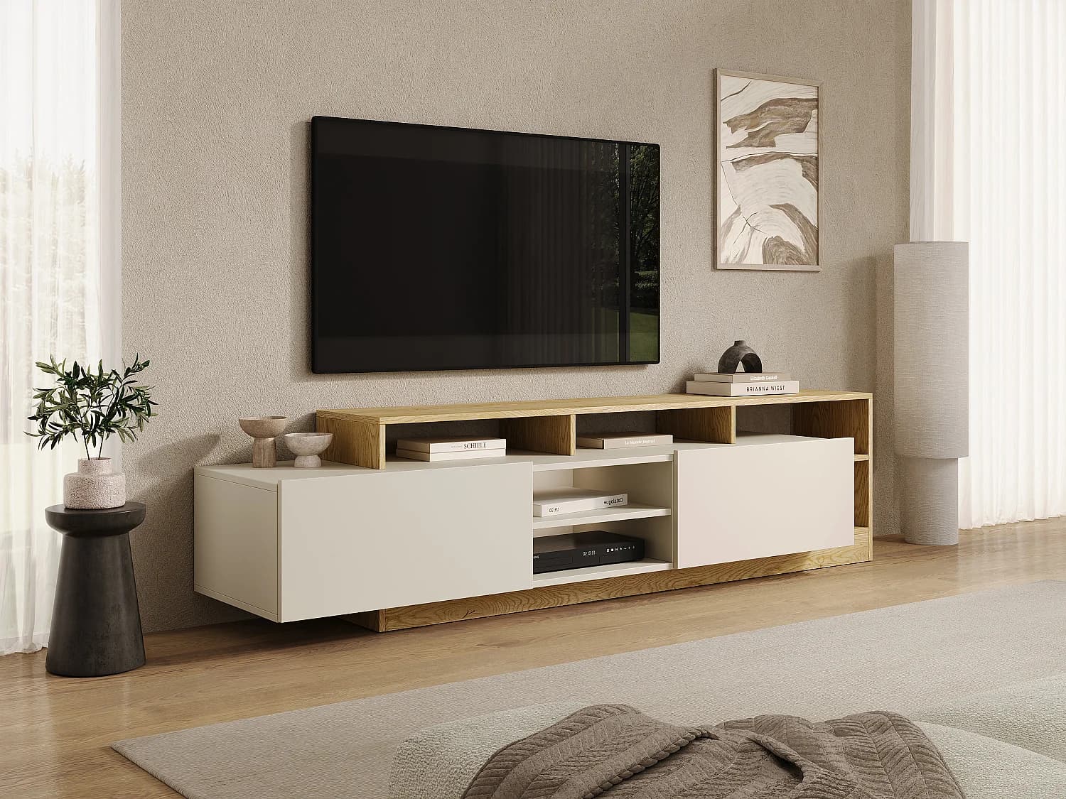 Meuble TV 2 portes et 6 niches avec LEDs - Beige et naturel clair - IDESIA