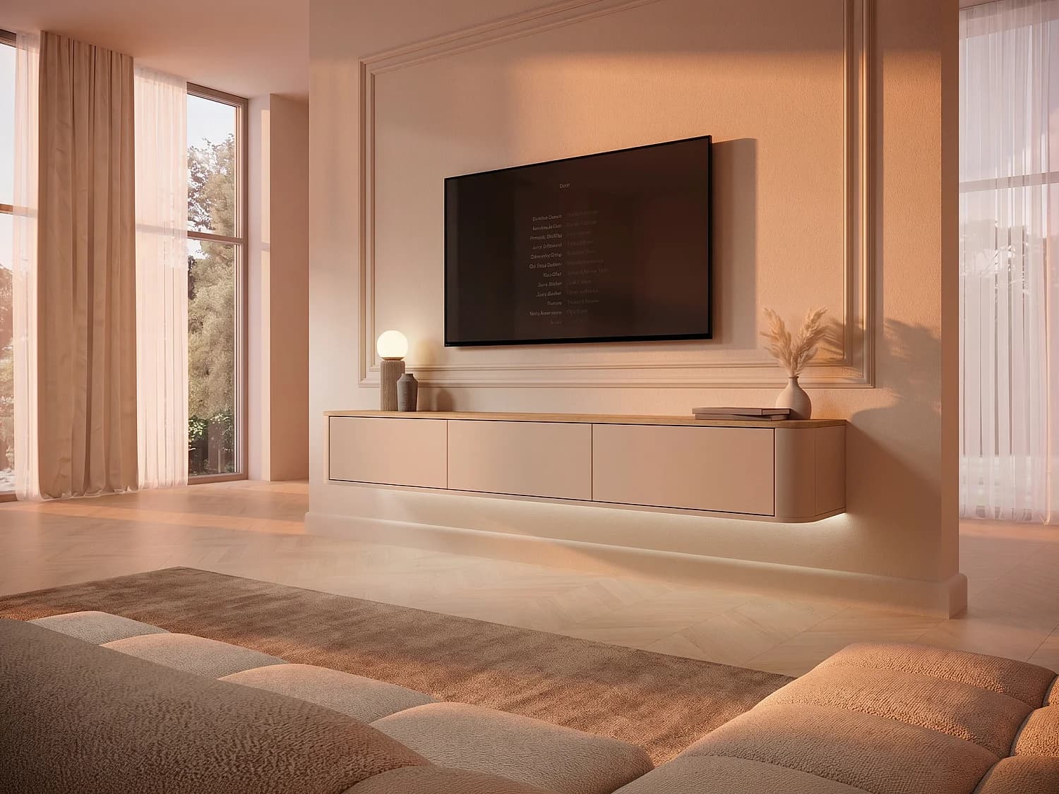 Meuble TV suspendu 3 portes avec LEDs - Beige et naturel clair - AJUGA