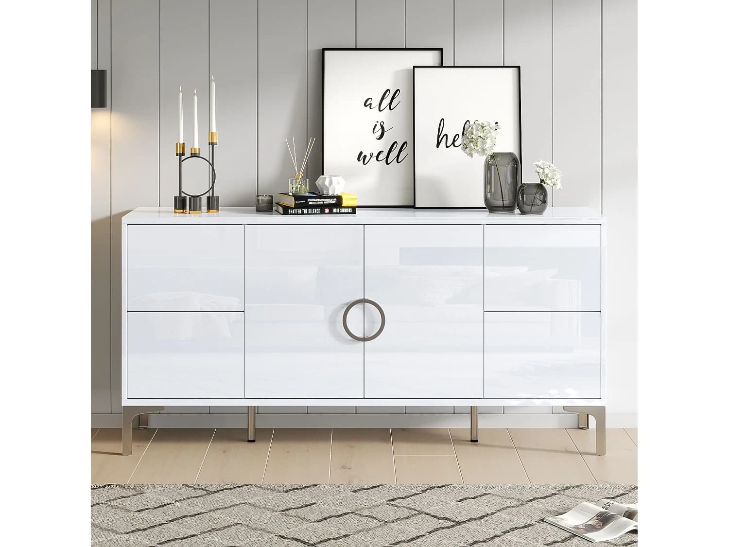 Buffet laqué brillant de salon - 150 x 38 x 59.5 cm - avec 4 tiroirs + 2 portes - pieds de support en métal - MDF - blanc