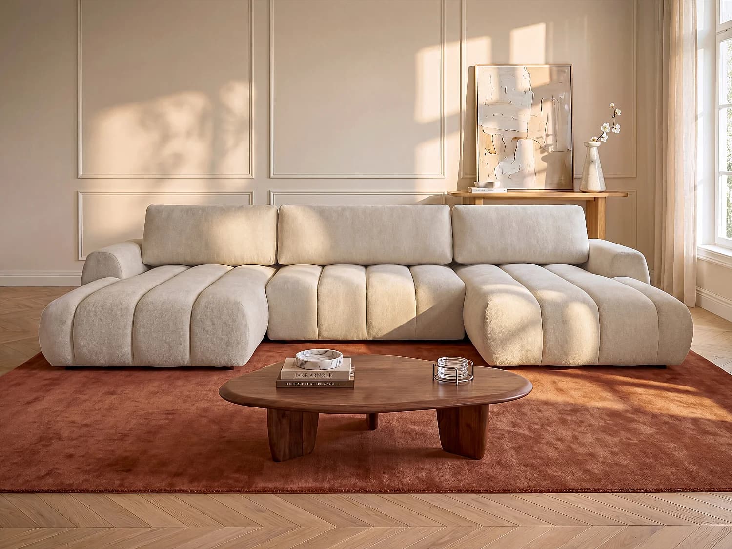 Canapé d'angle panoramique et convertible en tissu beige FRIDORA