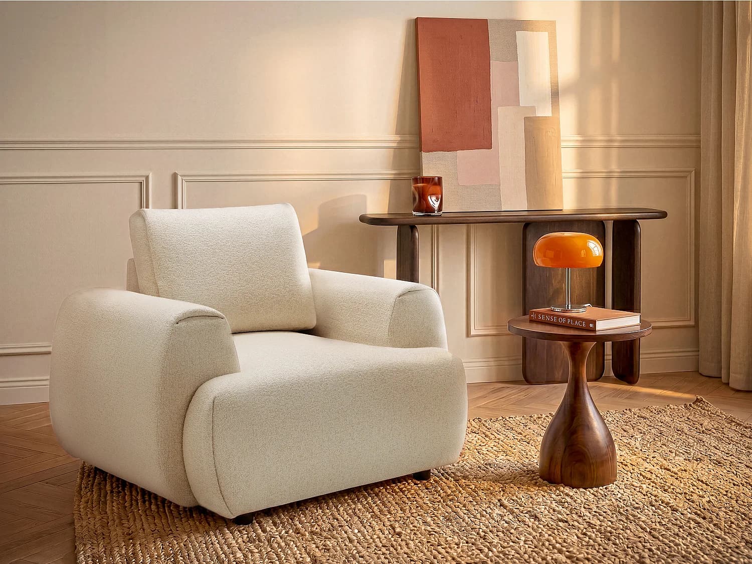 Fauteuil en tissu chiné beige MONELIA