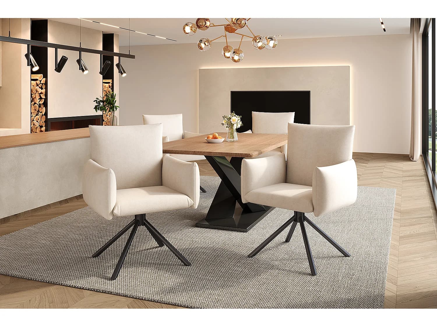 Lot de 6 chaise pivotante en velours beige - Pieds en métal - Pour salon, chambre, bureau