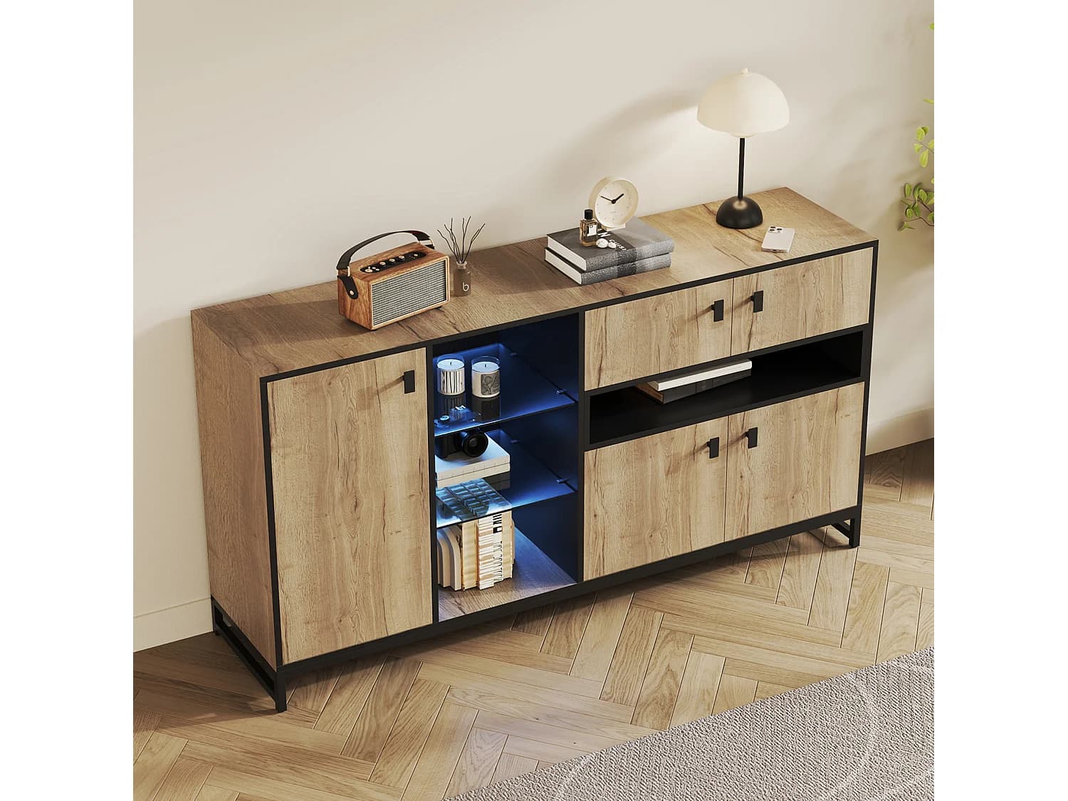 Buffet avec LED, 2 tiroirs et 3 portes - Etagères ouvertes en verre - Couleur bois et noir