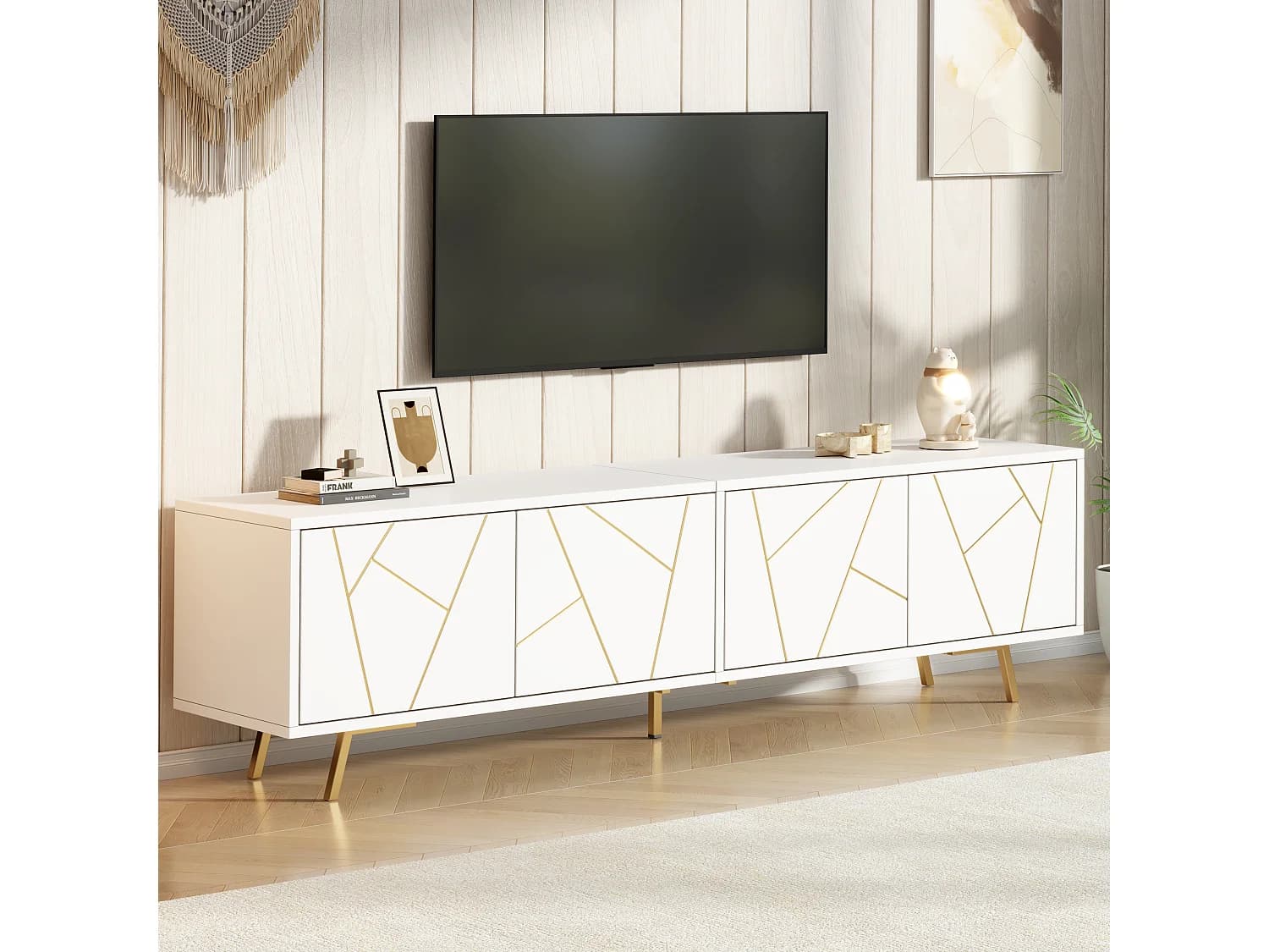 Meuble TV de salon - 190 x 40 x 51.5 cm - avec 4 portes - 6 pieds en métal - pour TV 85 pouces - aggloméré - blanc