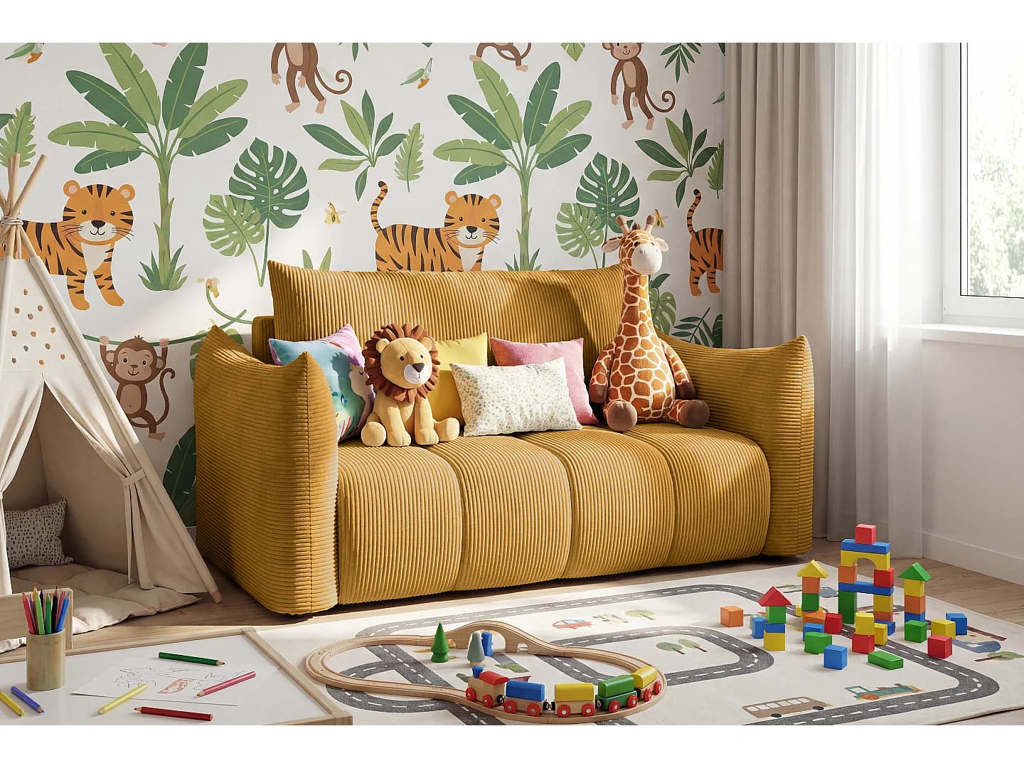 Canapé américain Flo, avec fonction couchage, pour enfants, Poso, moutarde (01)