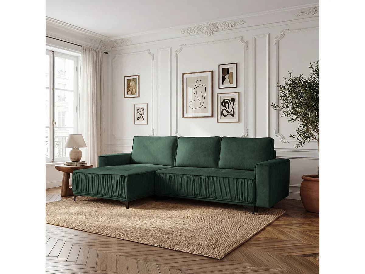 Canapé d'angle en L, fonction couchage, pour salon, Juka Terra, vert (39)