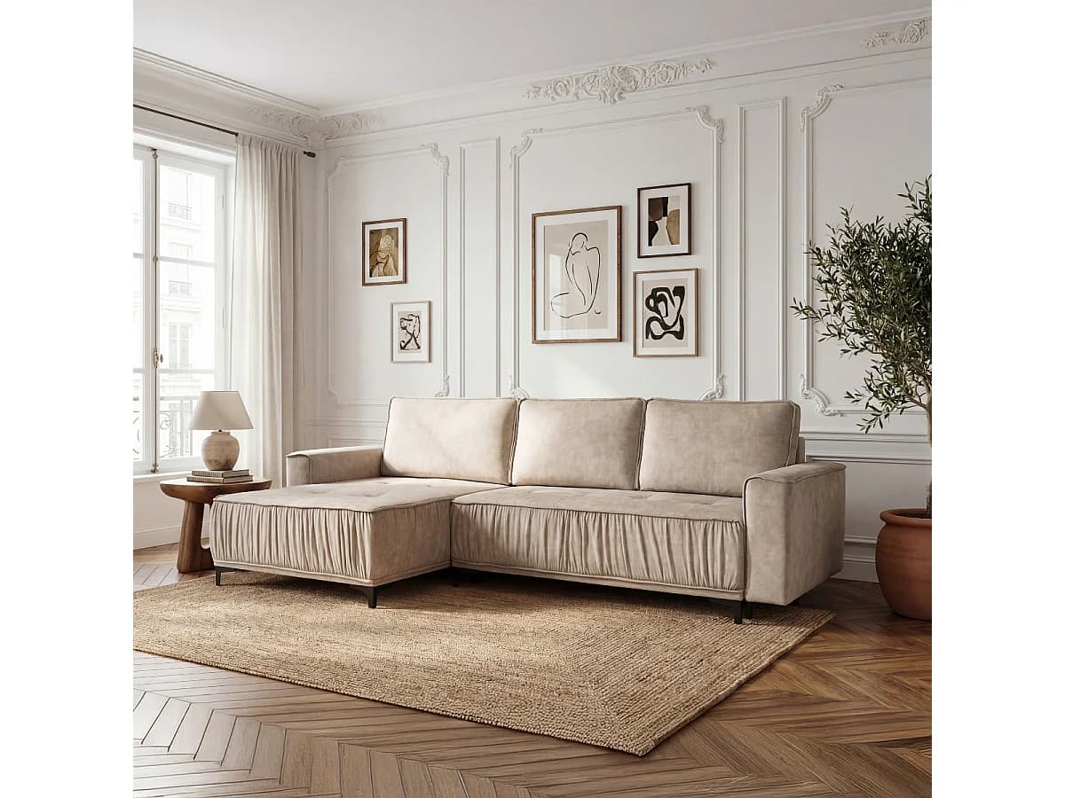 Canapé d'angle en L, fonction couchage, pour salon, Juka Terra, beige (13)