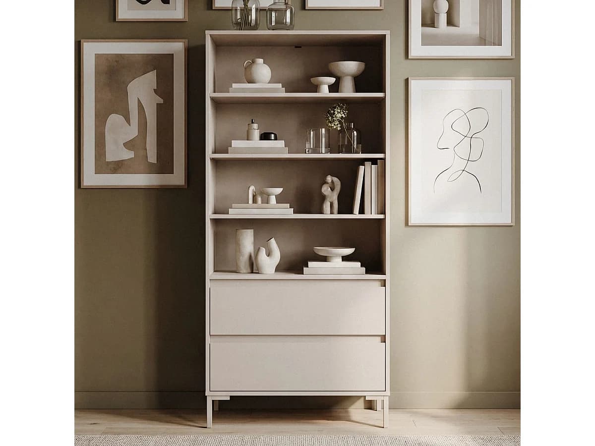 Bibliothèque 2 tiroirs 4 niches beige 78 cm - Ronda