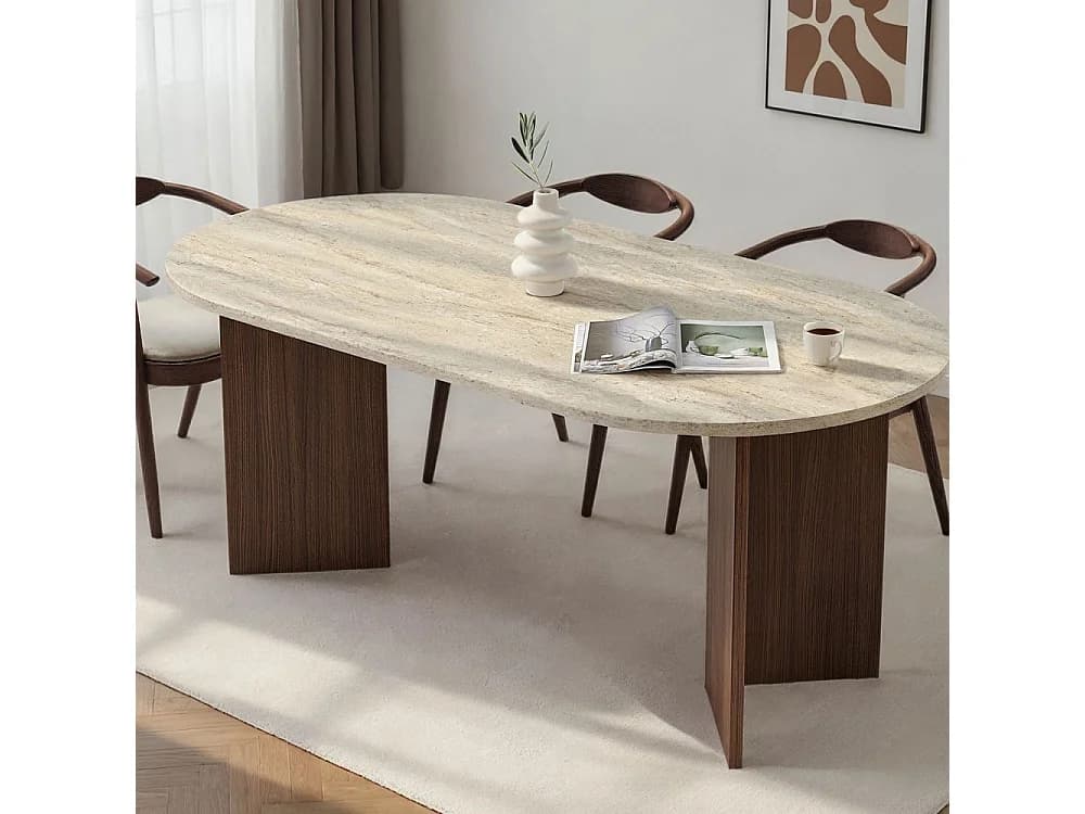 Sam - Table à manger 8 personnes ovale en bois et effet travertin - Beige