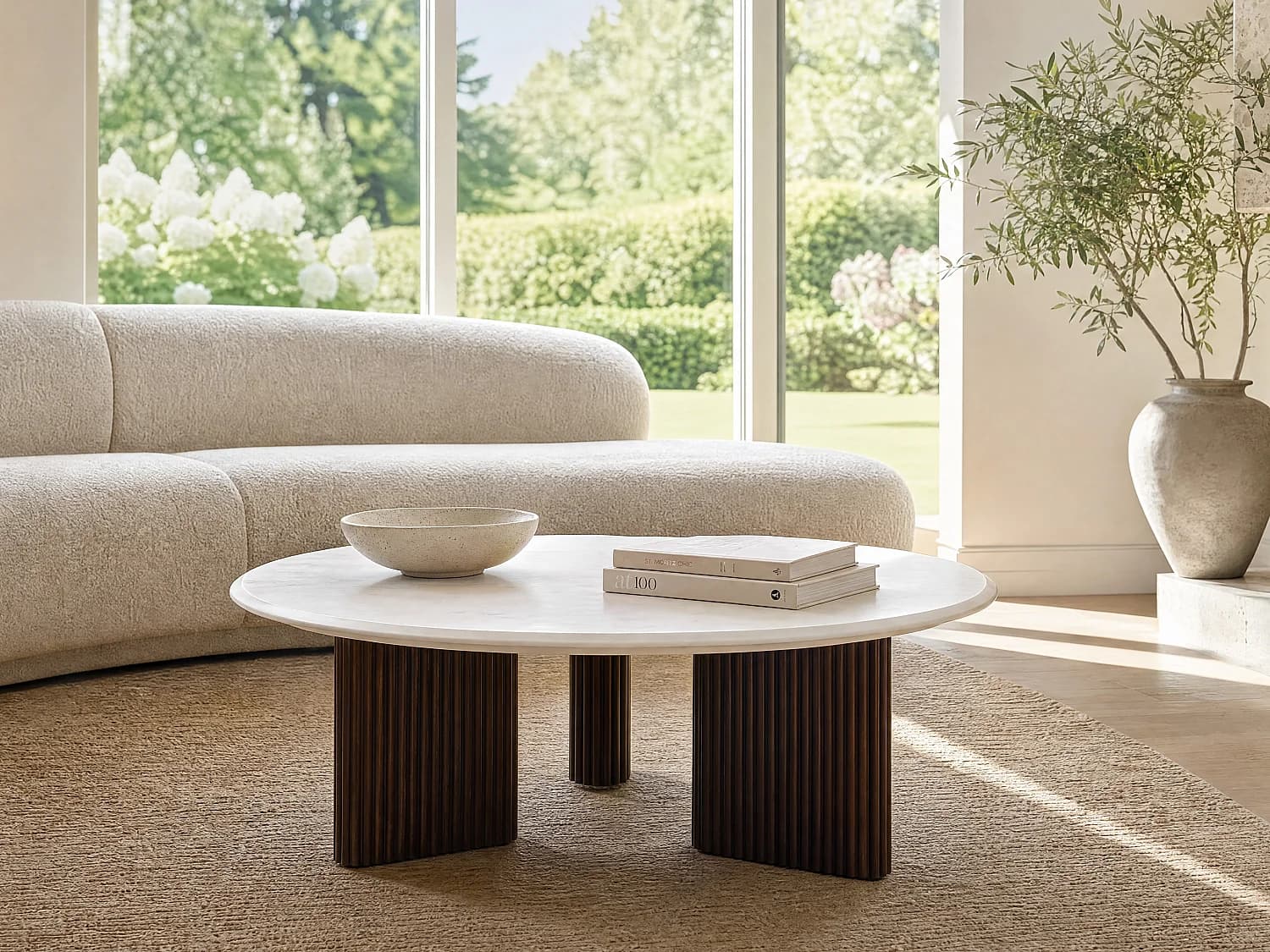 Table basse en marbre et bois d'acacia - Blanc et Naturel foncé - KIYARA