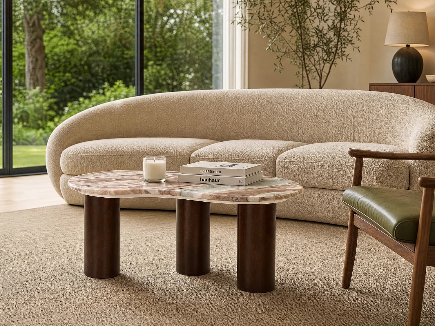 Table basse en marbre et bois d'acacia - Beige et Naturel foncé - DALIZAY