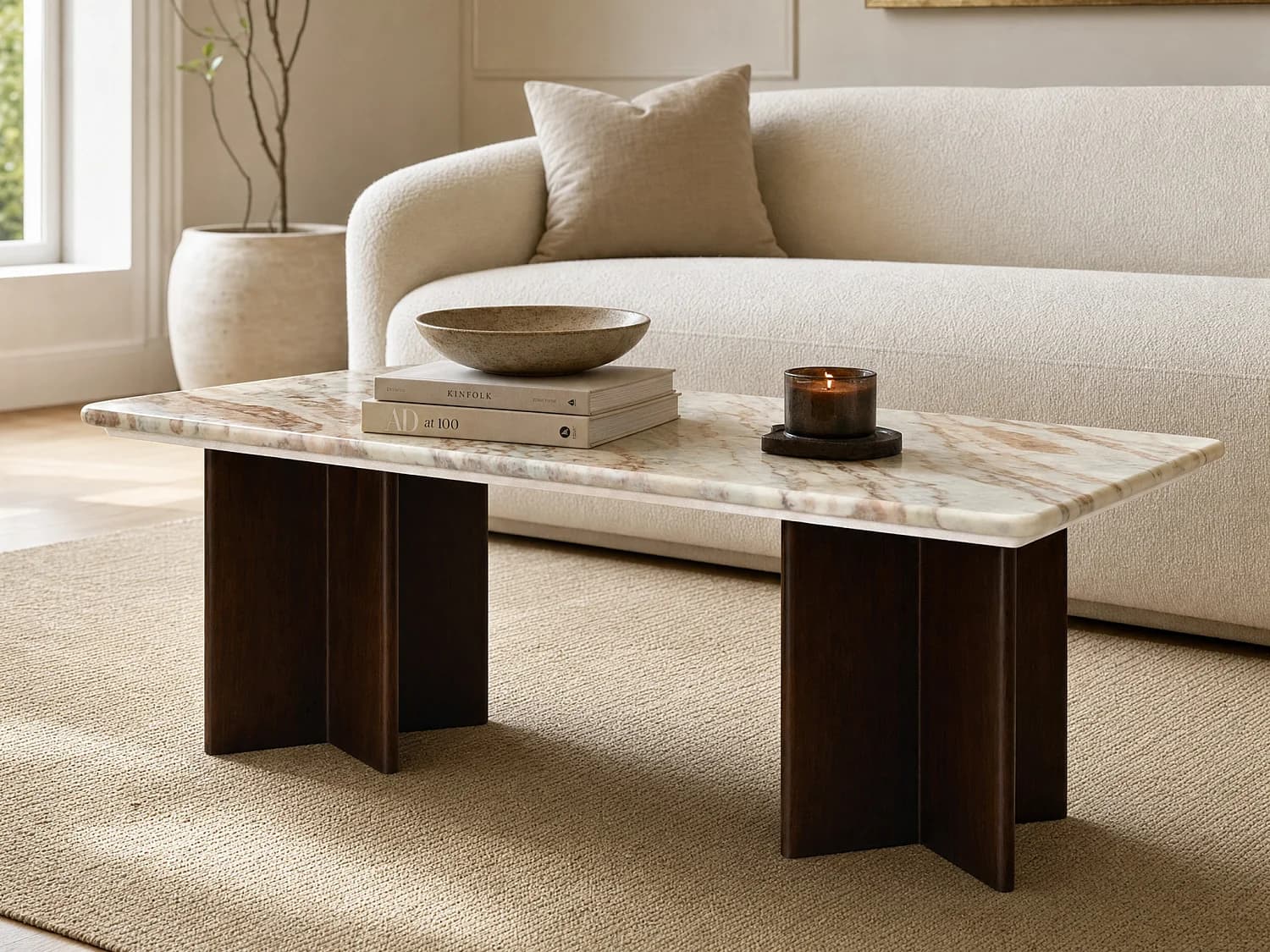Table basse en marbre et bois d'acacia - Beige et Naturel foncé - NEYALIA