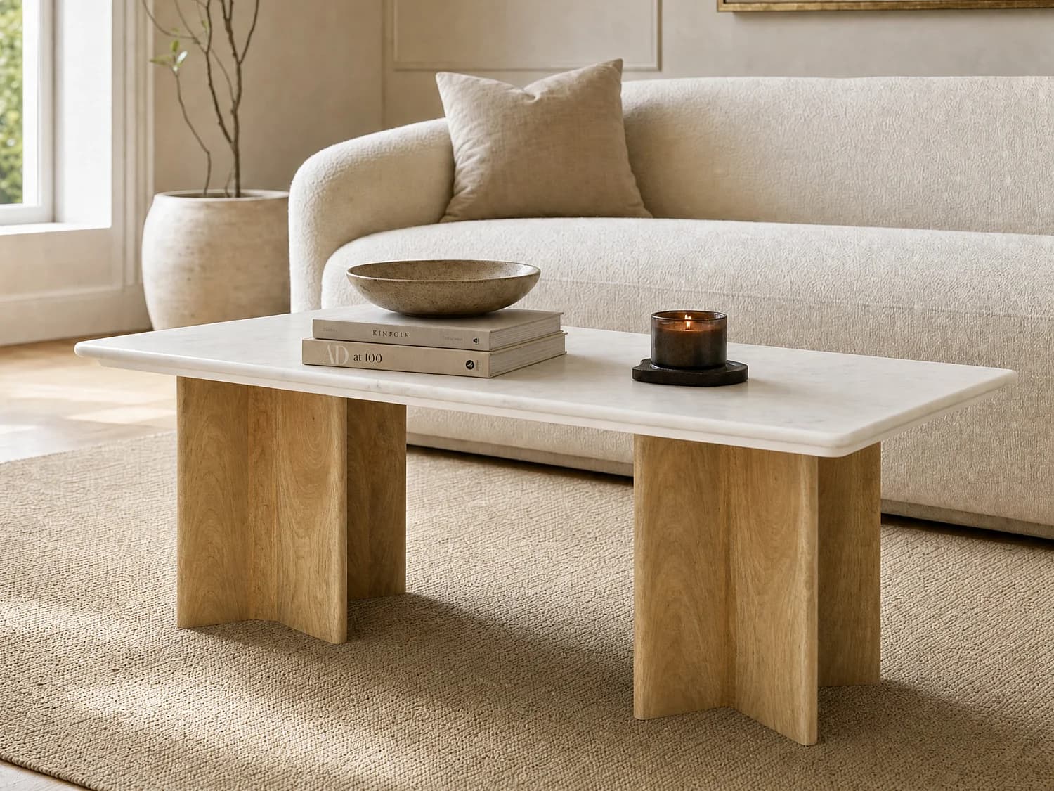 Table basse en marbre et bois de manguier - Blanc et Naturel clair - NEYALIA