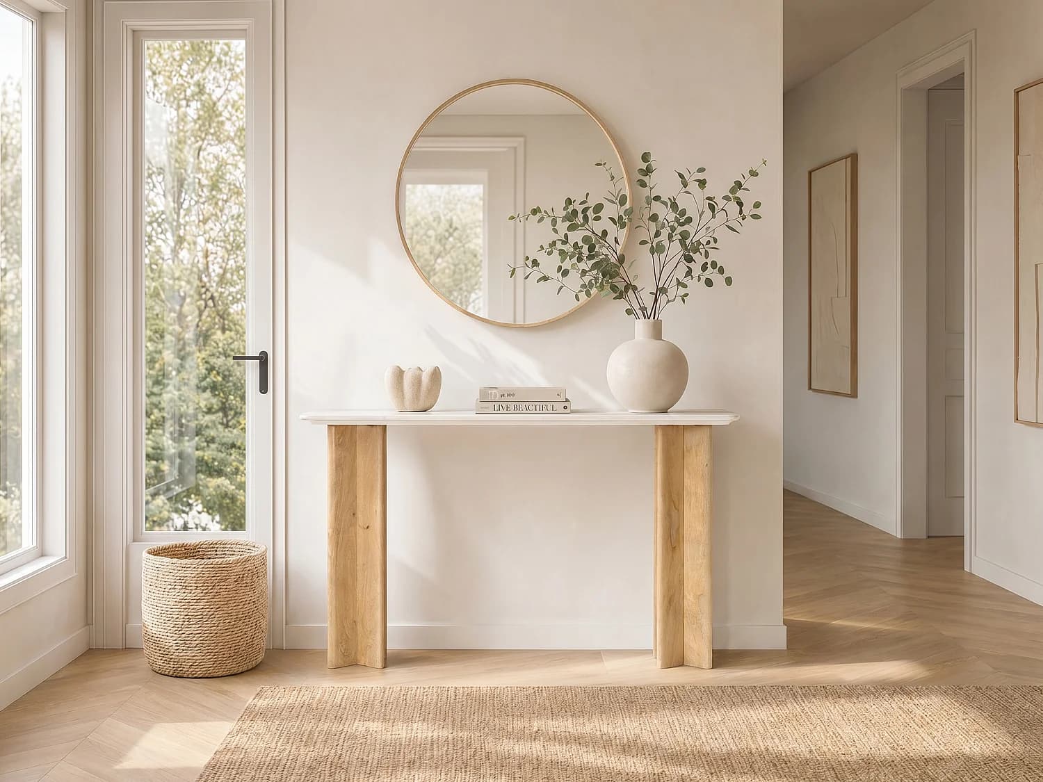 Console en marbre et bois de manguier - Blanc et Naturel clair - NEYALIA