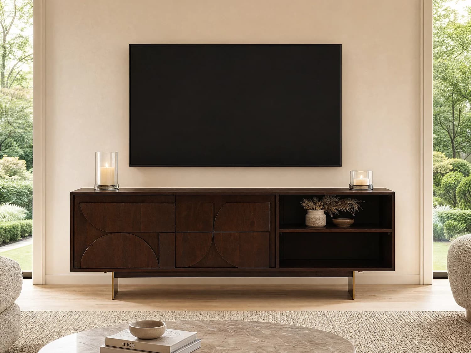 Meuble TV avec 2 portes et 2 niches en bois d'acacia - Naturel foncé - IZMELA