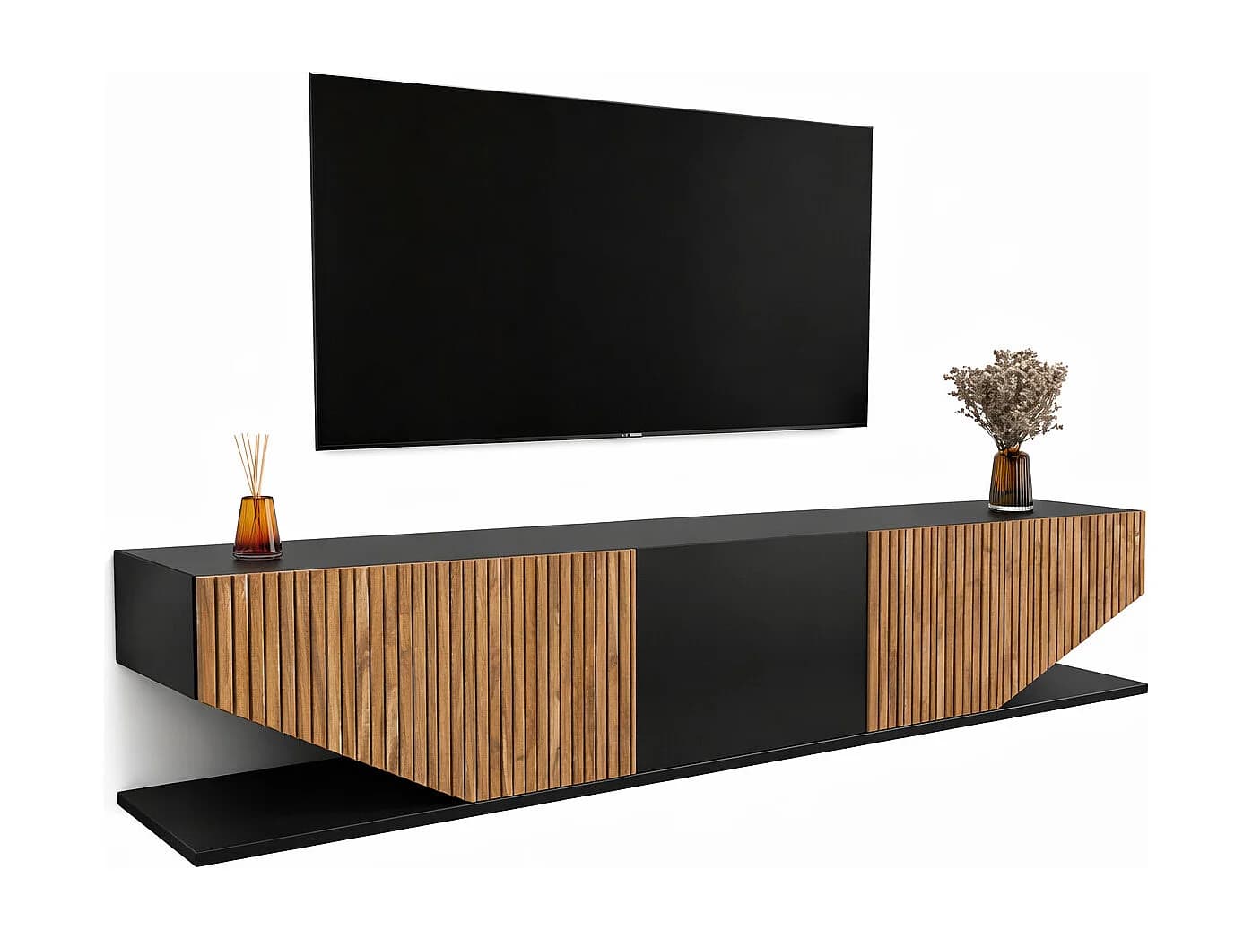 Meuble TV Pearl de 180 cm avec des armoires en style ailes (Noir et Effet Alina)