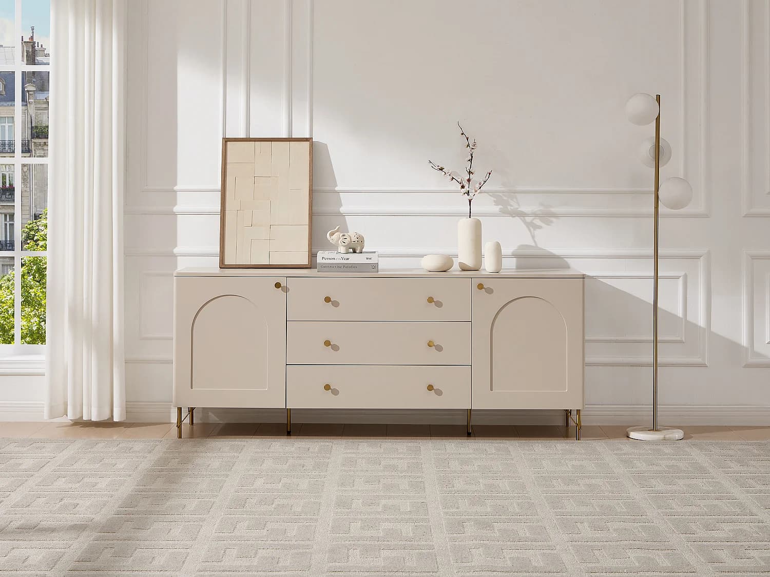 Buffet avec 2 portes et 3 tiroirs - Beige et doré - ALOBARA