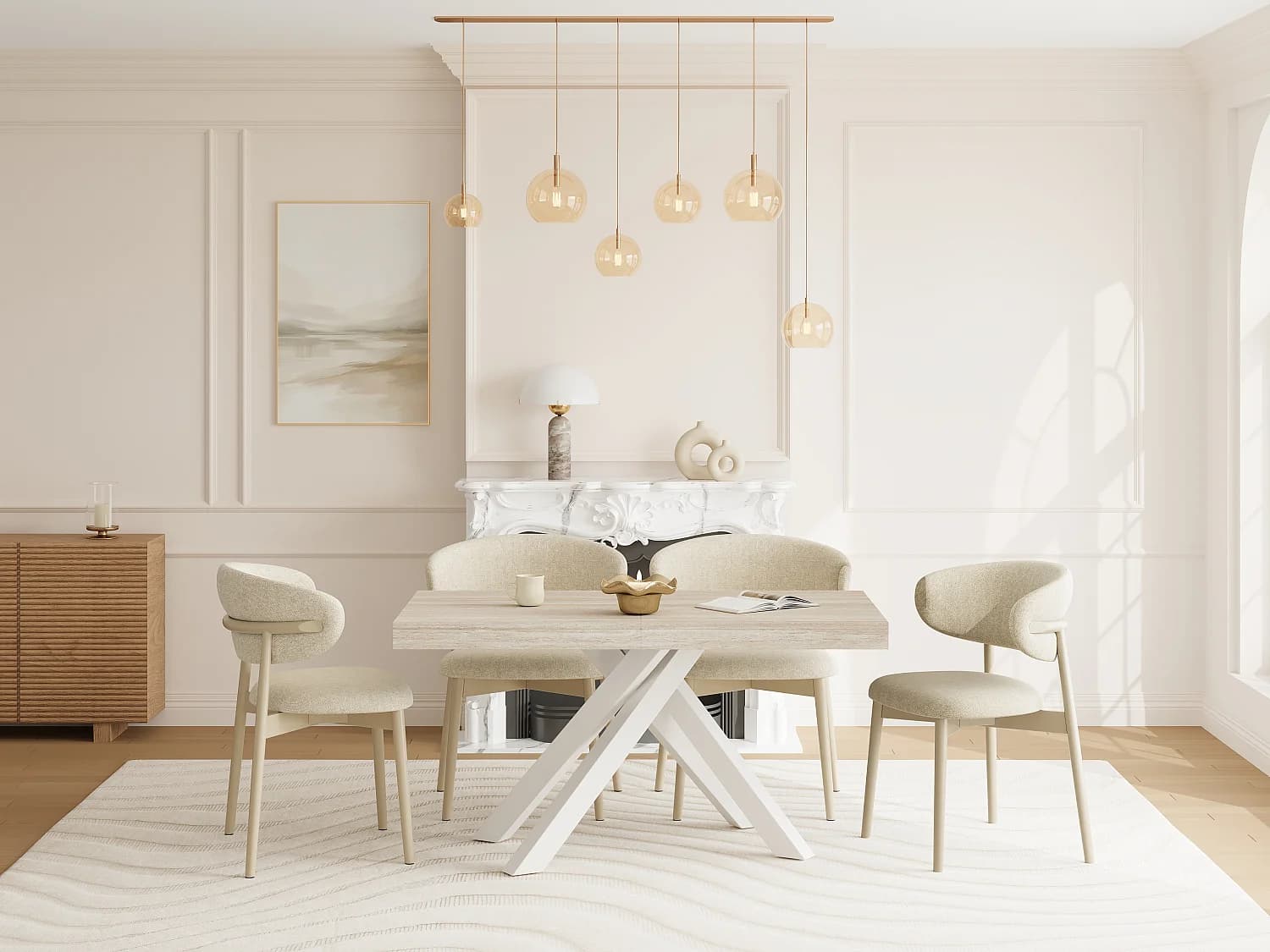 Table à manger extensible 6 à 10 personnes en MDF et métal - Effet travertin beige et Blanc - CATONAV