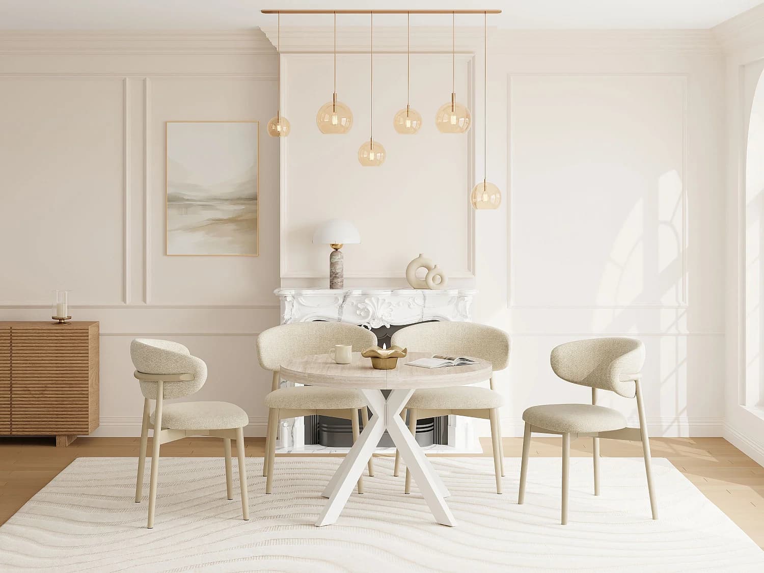 Table à manger extensible 4 à 8 personnes en MDF et acier - Effet travertin beige et Blanc - KOMONI