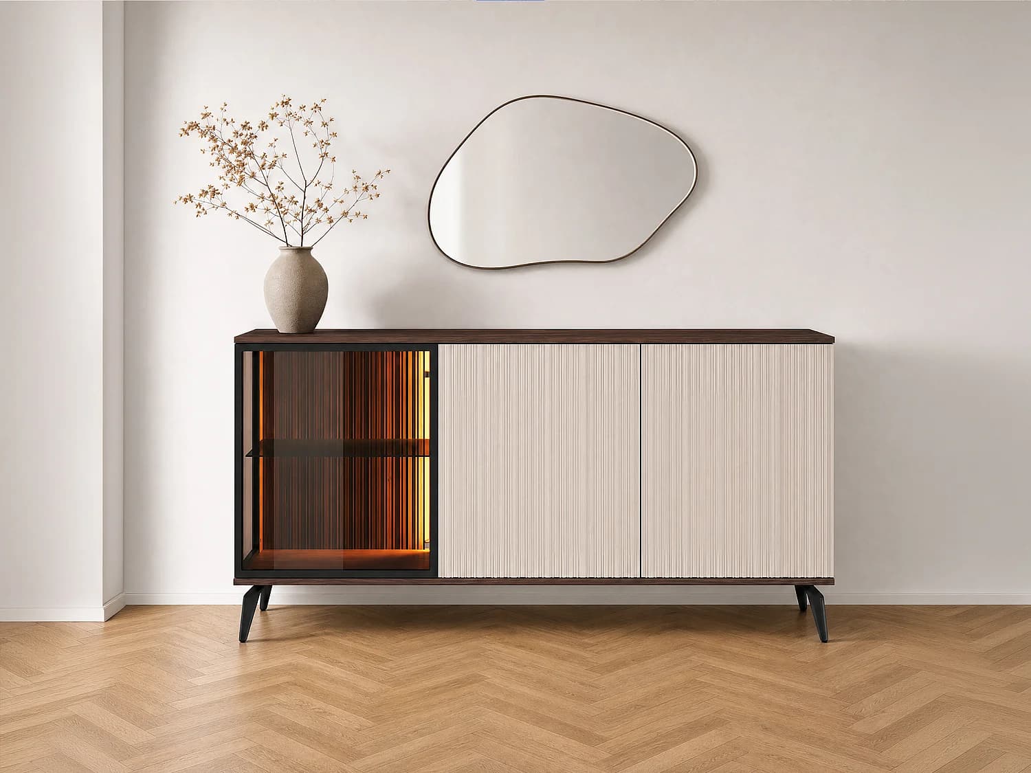 Buffet 3 portes avec LEDs en MDF et verre fumé - Beige et Naturel foncé - JANEYA