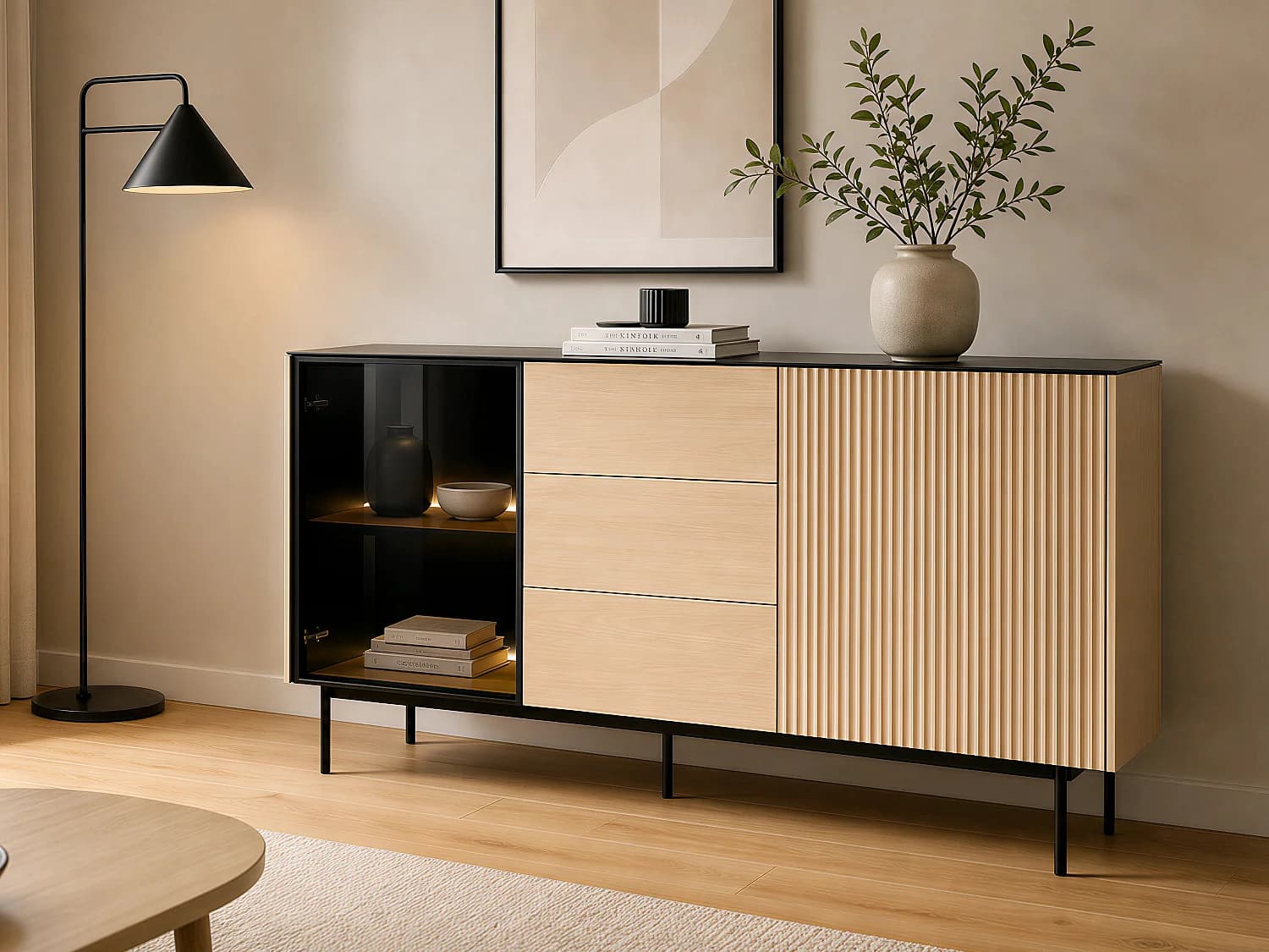Buffet 2 portes et 3 tiroirs avec LEDs en MDF et verre fumé - Naturel clair et Noir - SAYERA