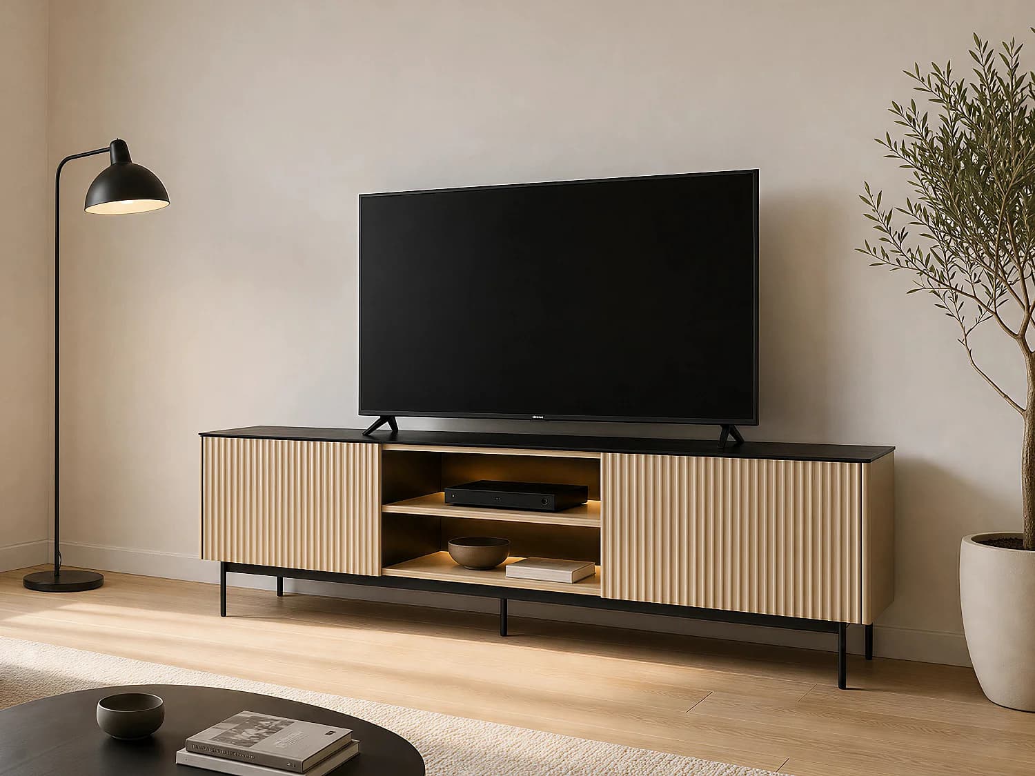 Meuble TV 2 portes et 2 niches avec LEDs en MDF et verre fumé - Naturel clair et Noir - SAYERA