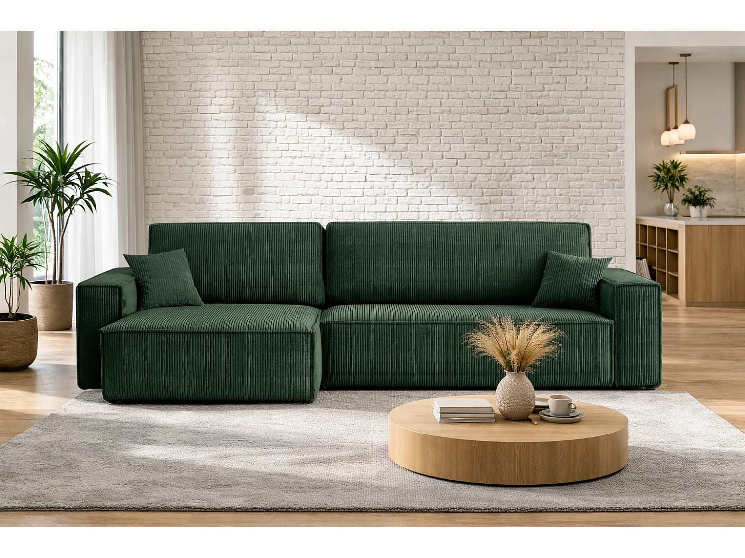 Canapé d’angle convertible réversible CARLOS XL – Velours côtelé vert bouteille, grand coffre, fonction couchage, montage universel