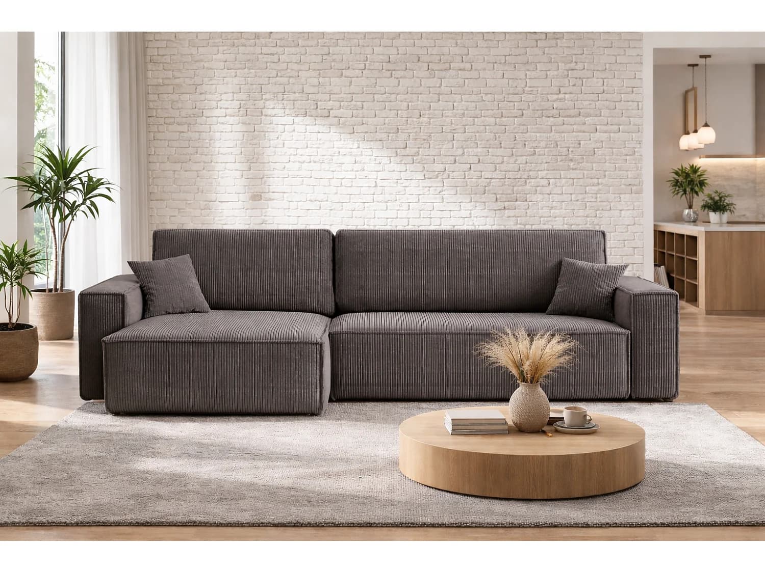 Canapé d’angle convertible réversible CARLOS XL – Velours côtelé gris, grand coffre, fonction couchage, montage universel