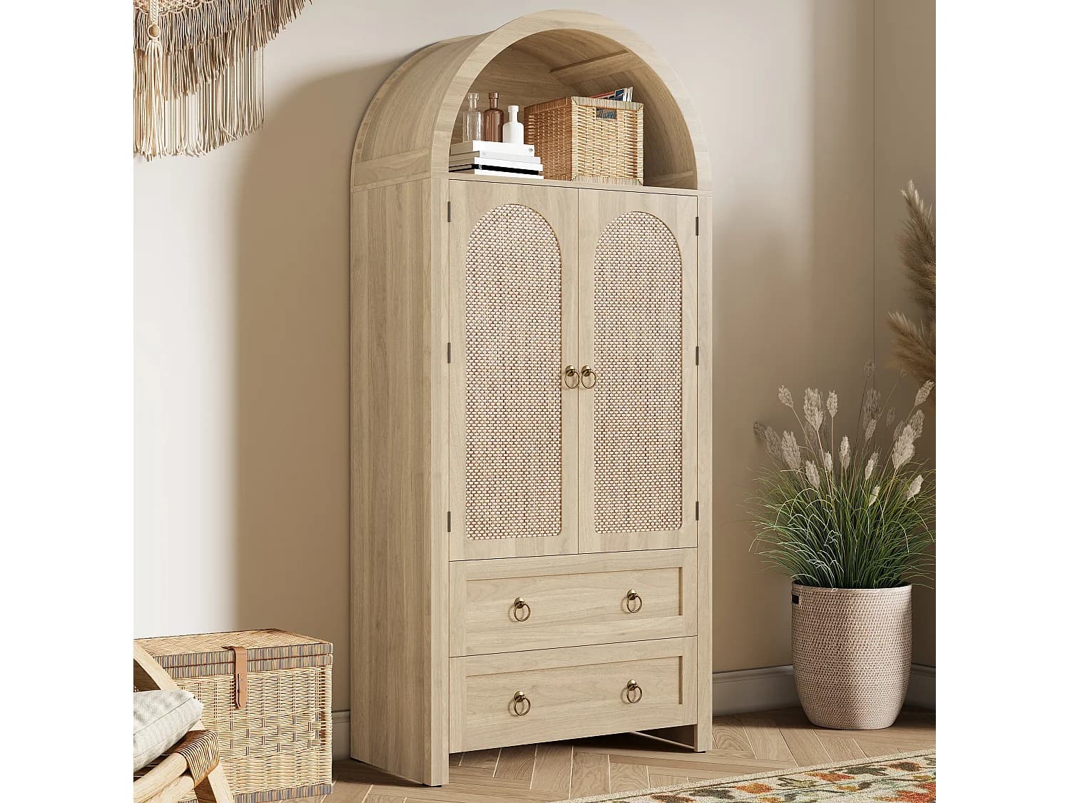 Buffet vintage 80x40x180 cm avec 2 tiroirs et portes en rotin - Couleur bois clair