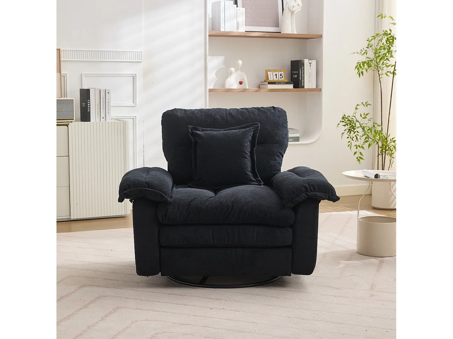 Fauteuil pivotant en tissu chenille noir avec coussin - Pour salon, chambre et bureau