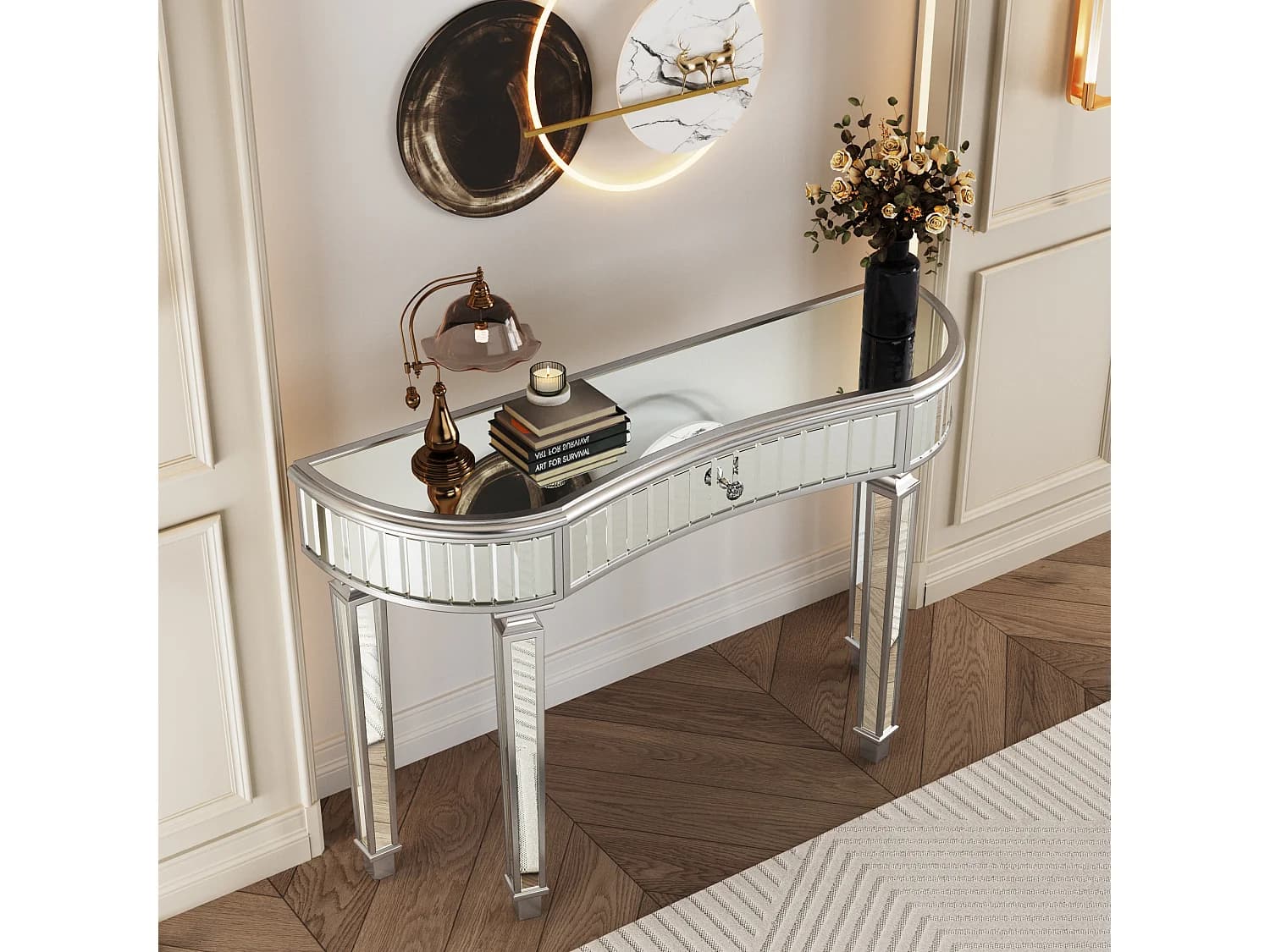 Console avec tiroir - Verre à finition argenté et gris- Pour chambre, dressing et salon
