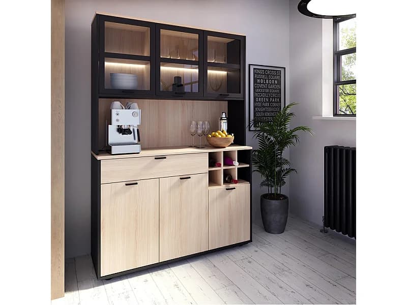 Vaisselier portes vitrées et tiroir décor bois clair et éclairage LED - KEMA