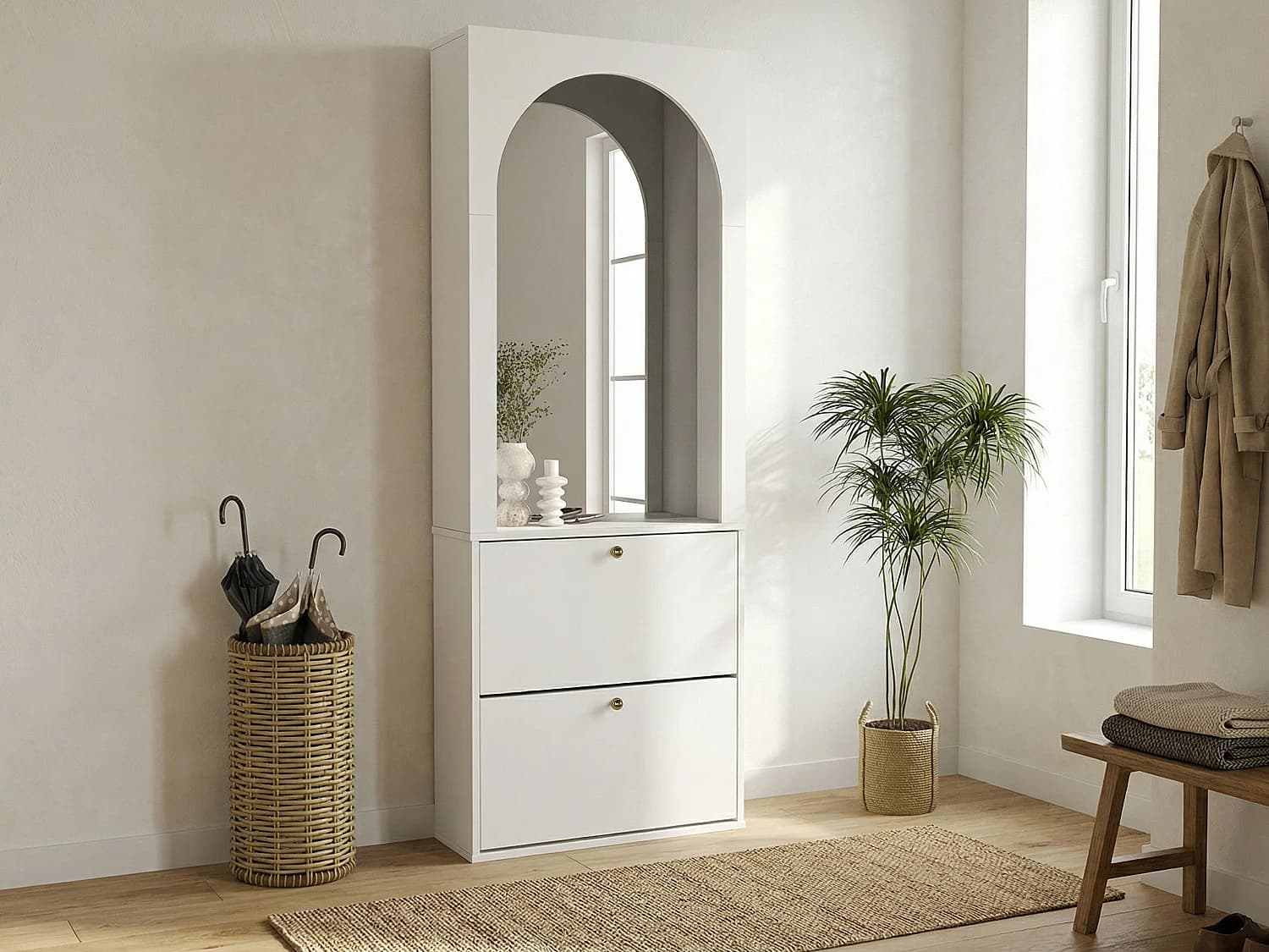 Meuble à chaussures avec 2 compartiments abattants et 1 miroir - Blanc et doré - CYMORA