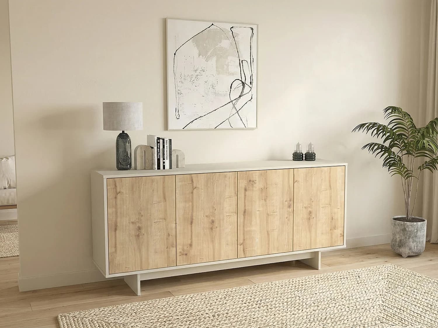 Buffet avec 4 portes - Naturel clair et Beige - ZEFYNA