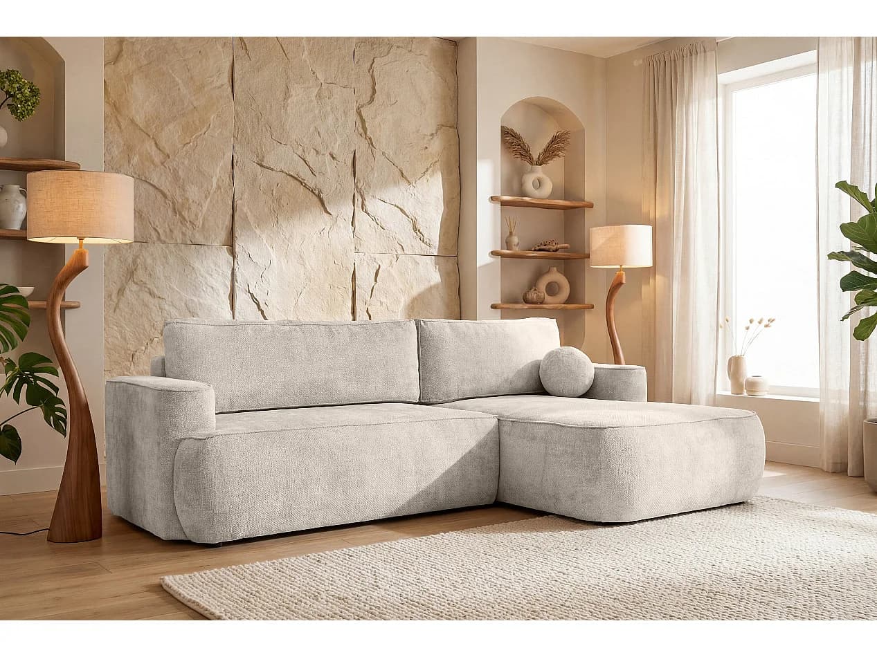 Canapé d'angle Moon, pour salon, avec fonction couchage, Flow, droit, crème (04)
