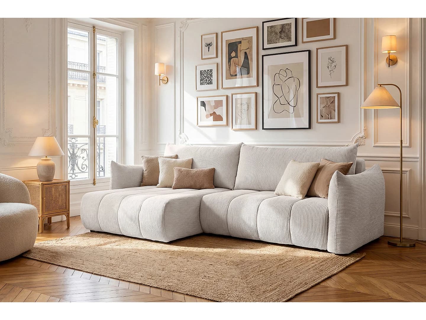 Canapé d'angle Flo, avec fonction couchage, pour salon, tissu Poso, beige (100)