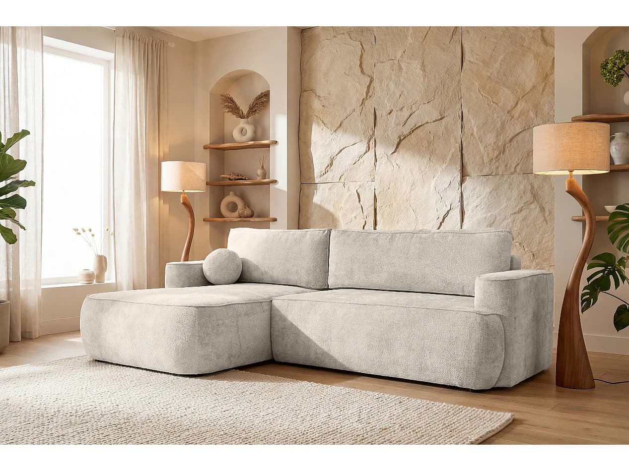 Canapé d'angle Moon, pour salon, avec fonction couchage, Flow, gauche, crème (04)