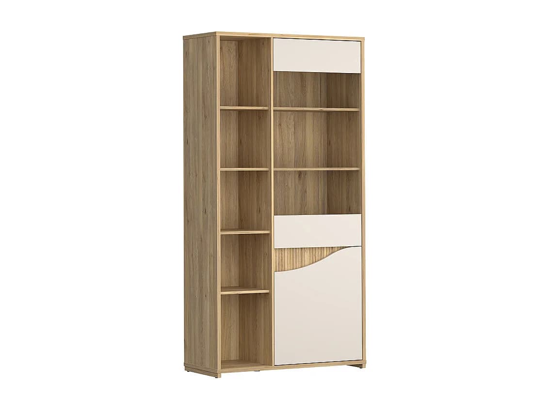 Vaisselier vitré décor tasseaux bois et sable avec vagues - RIVAGE
