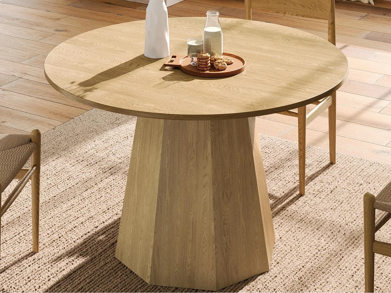 Table de salle à manger ronde 120x120x75cm - pour 4 à 6 personnes - Style nordique minimaliste - Placage chêne - Naturel