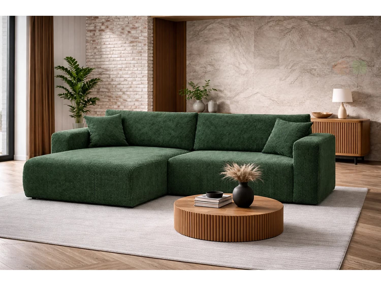 Canapé d’angle réversible GIORGIA L convertible – Velours côtelé vert bouteille, fonction couchage, grand coffre de rangement, angle universel gauche/droite