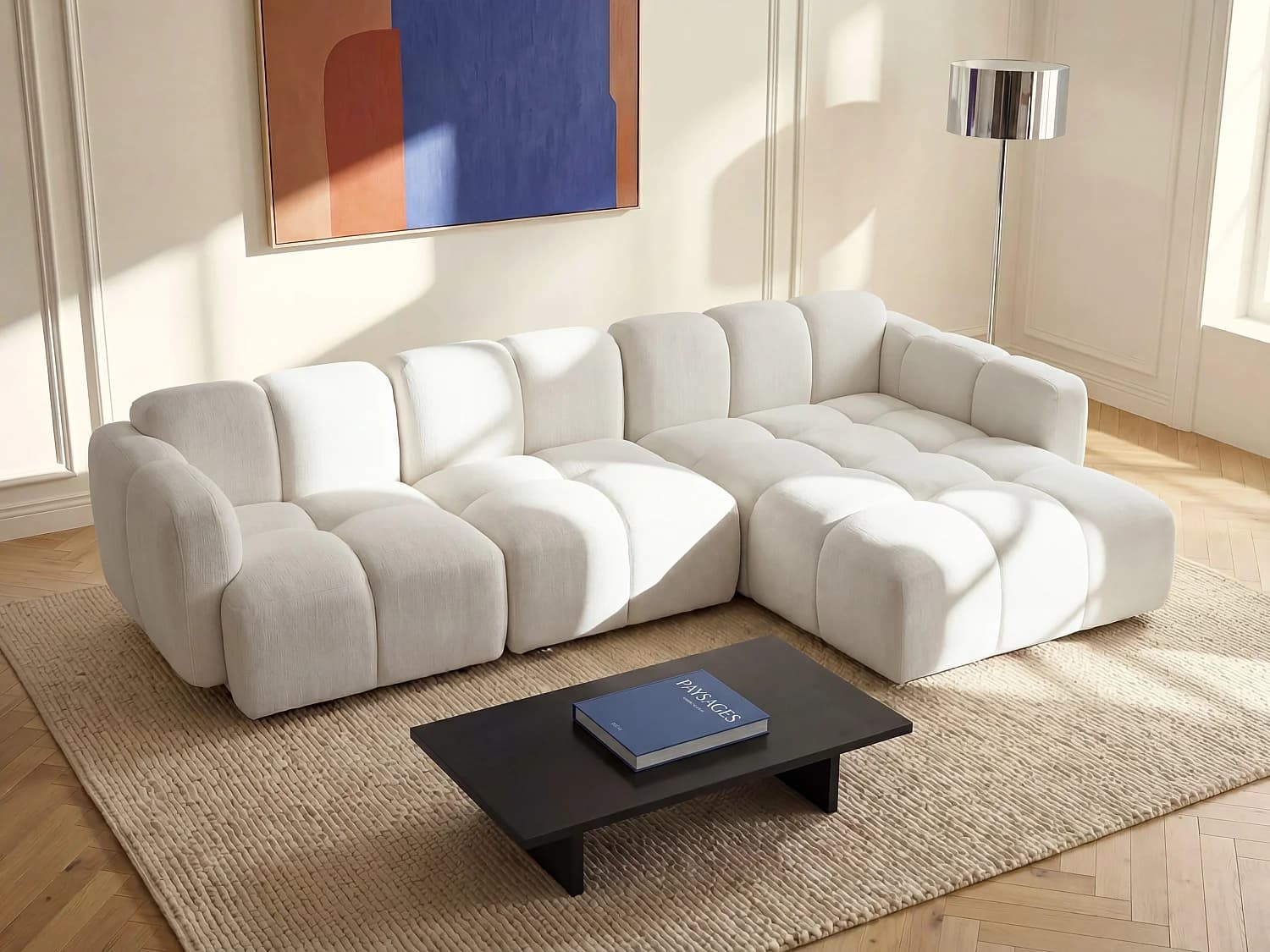 Canapé d'angle droit modulable en tissu texturé blanc cassé CARLIVI